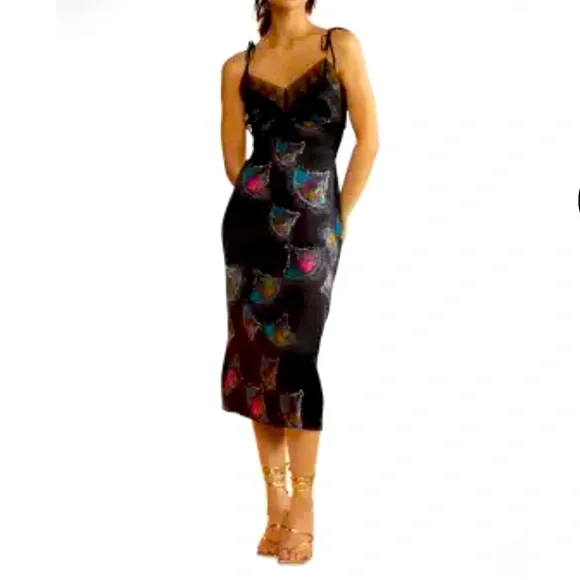 Net Cynthia Rowley - Lace-Trim Abstract-Print Silk Midi Slip Dress (Size 10) | Color: Black | Size: 10 | Shopgirlx388'S Closet